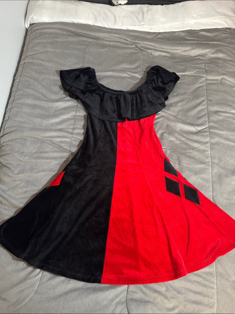 Harley Quinn Halloween velvet Off-Shoulder Red and Black Ruffled cosplay Dress